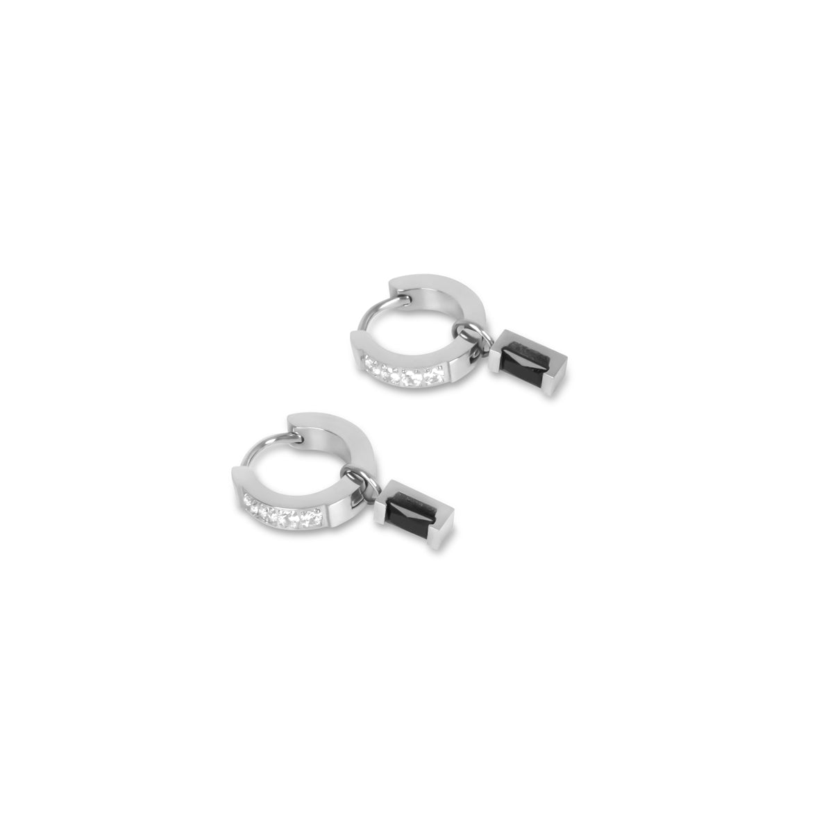 Earring Black Diamond Hoop - Silver