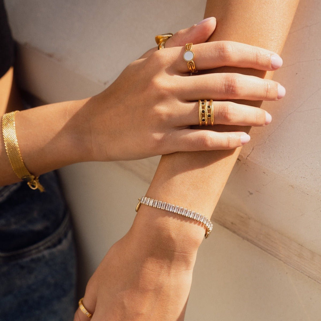 Riviera Lock Bracelet with Baguette-Cut, 18K Gold Plated