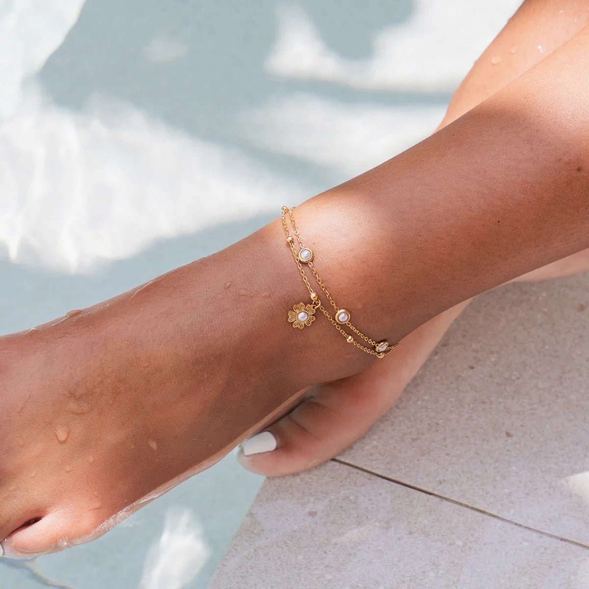 Double Pearl Floral Anklet 18K Gold Plated